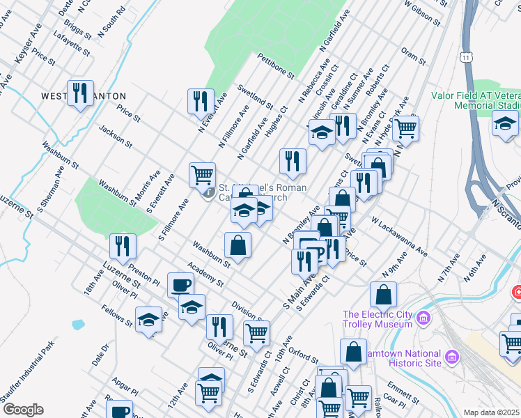 map of restaurants, bars, coffee shops, grocery stores, and more near 116 North Lincoln Avenue in Scranton