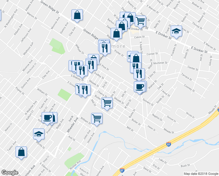 map of restaurants, bars, coffee shops, grocery stores, and more near 511 4th Street in Scranton