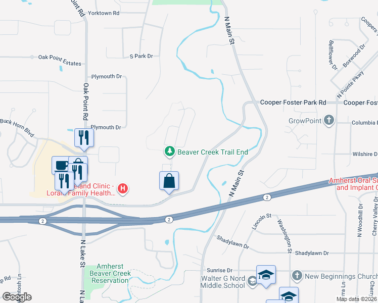map of restaurants, bars, coffee shops, grocery stores, and more near 47060 Cooper Foster Park Road in Amherst