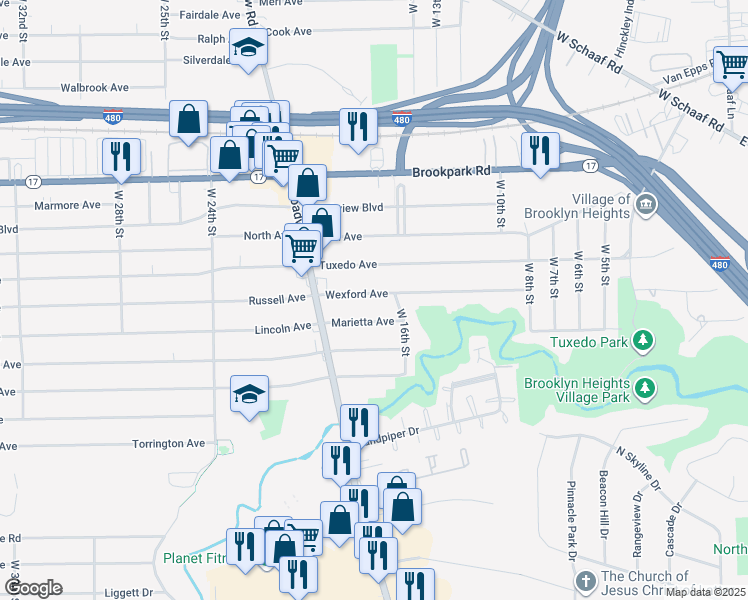 map of restaurants, bars, coffee shops, grocery stores, and more near 1707 Wexford Avenue in Parma