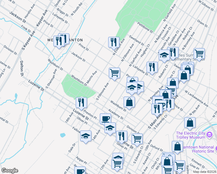 map of restaurants, bars, coffee shops, grocery stores, and more near 135 South Fillmore Avenue in Scranton