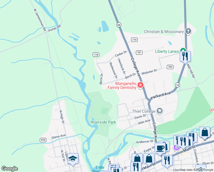 map of restaurants, bars, coffee shops, grocery stores, and more near 24 Birch Drive in Greenville