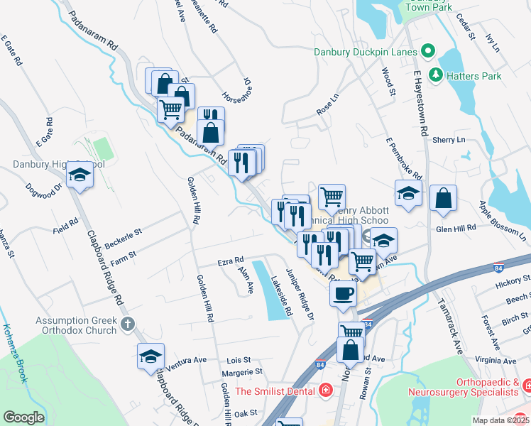 map of restaurants, bars, coffee shops, grocery stores, and more near 32 Padanaram Road in Danbury