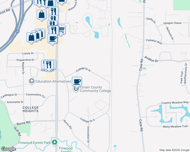 map of restaurants, bars, coffee shops, grocery stores, and more near 1005 Abbe Road North in Elyria