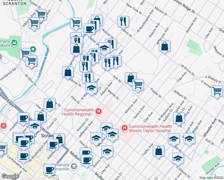 map of restaurants, bars, coffee shops, grocery stores, and more near 614 Myrtle Street in Scranton