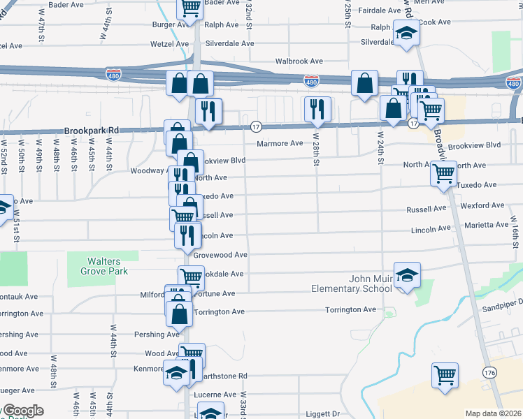 map of restaurants, bars, coffee shops, grocery stores, and more near 3106 Russell Avenue in Parma