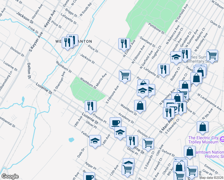 map of restaurants, bars, coffee shops, grocery stores, and more near 135 South Fillmore Avenue in Scranton