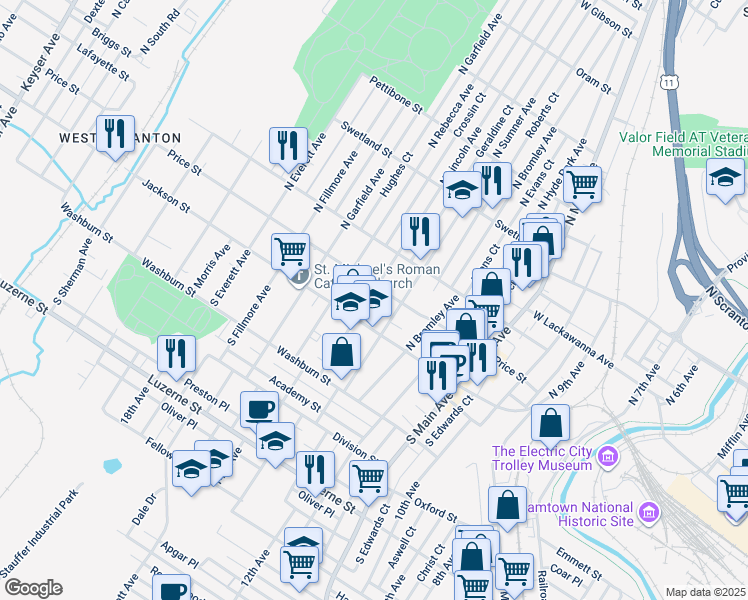 map of restaurants, bars, coffee shops, grocery stores, and more near 116 North Lincoln Avenue in Scranton