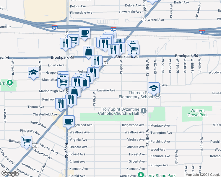 map of restaurants, bars, coffee shops, grocery stores, and more near 6214 Laverne Avenue in Parma