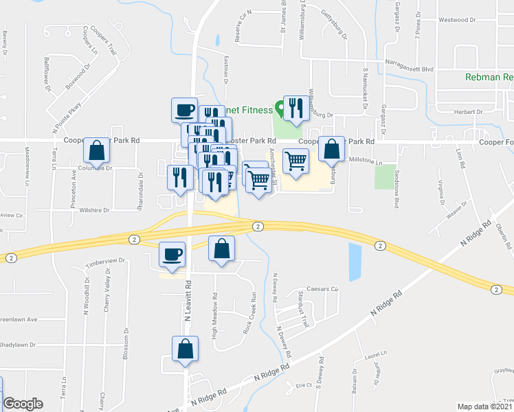 map of restaurants, bars, coffee shops, grocery stores, and more near 2201 Kresge Drive in Amherst