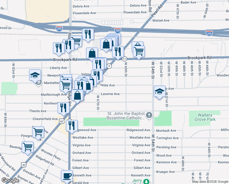 map of restaurants, bars, coffee shops, grocery stores, and more near 6214 Laverne Avenue in Parma