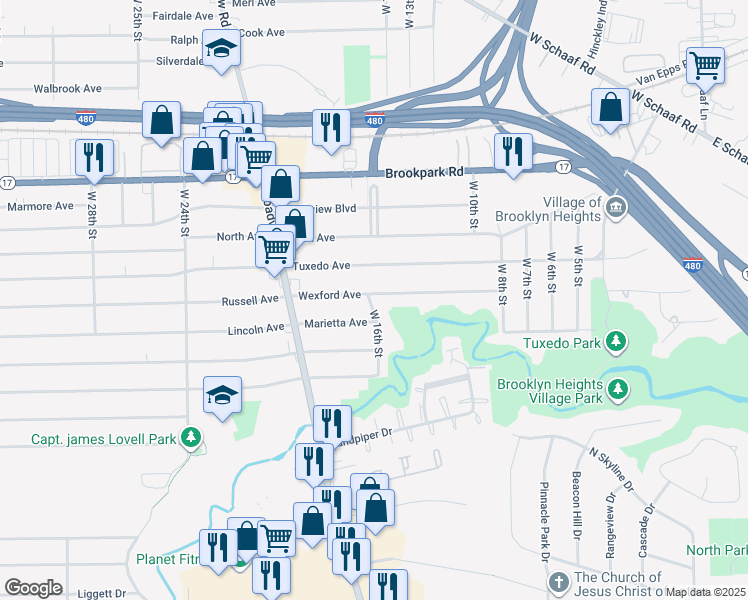 map of restaurants, bars, coffee shops, grocery stores, and more near 1599 Wexford Avenue in Parma