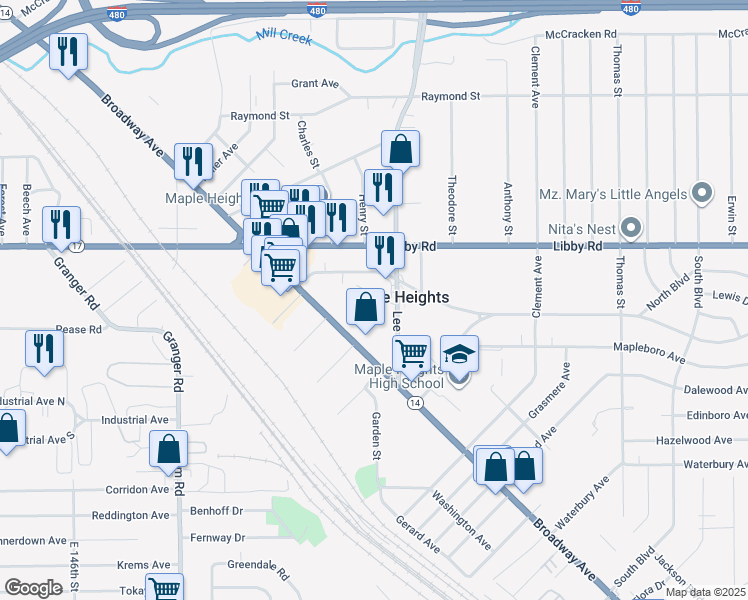 map of restaurants, bars, coffee shops, grocery stores, and more near 5370 Lee Road in Maple Heights