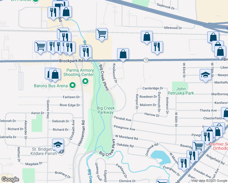 map of restaurants, bars, coffee shops, grocery stores, and more near 5339 Big Creek Parkway in Parma