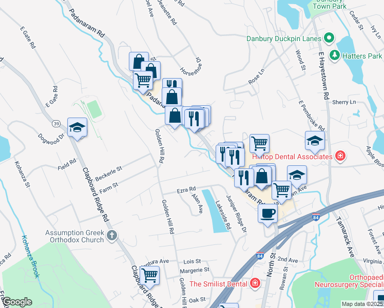 map of restaurants, bars, coffee shops, grocery stores, and more near 103 Old Bridge Lane in Danbury