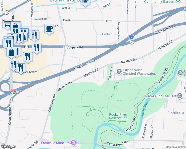 map of restaurants, bars, coffee shops, grocery stores, and more near 24061 Mastick Road in North Olmsted