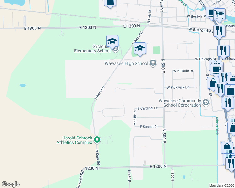 map of restaurants, bars, coffee shops, grocery stores, and more near 4345 East Fox Run Drive in Syracuse