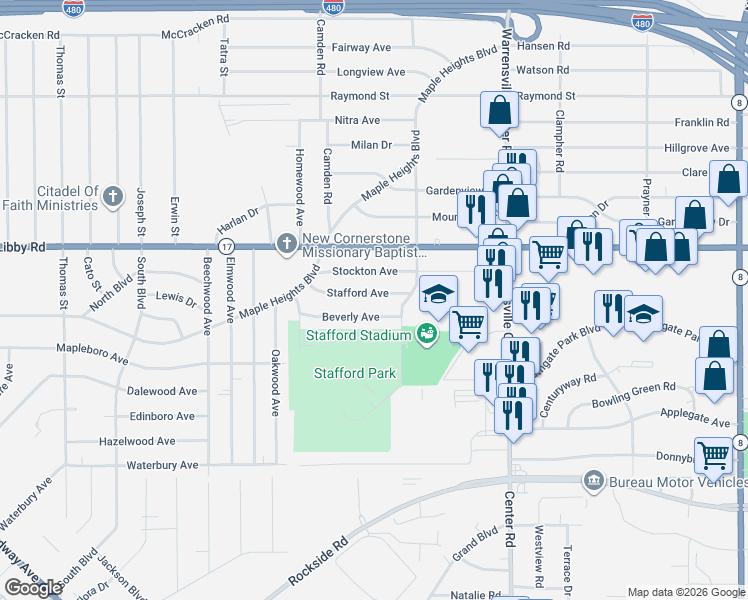 map of restaurants, bars, coffee shops, grocery stores, and more near 19513 Beverly Avenue in Maple Heights