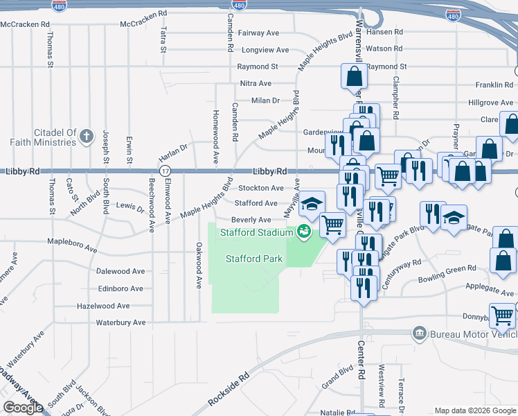 map of restaurants, bars, coffee shops, grocery stores, and more near 19513 Beverly Avenue in Maple Heights
