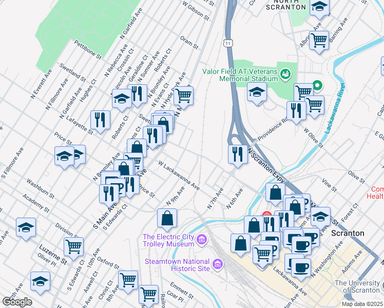 map of restaurants, bars, coffee shops, grocery stores, and more near 441 N 9th Ave in Scranton