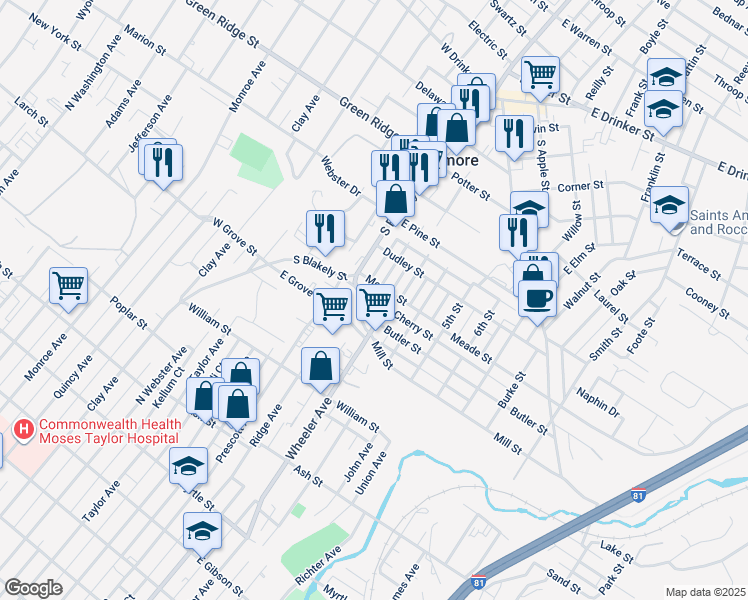 map of restaurants, bars, coffee shops, grocery stores, and more near in Dunmore
