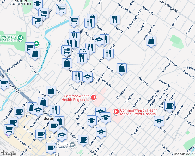 map of restaurants, bars, coffee shops, grocery stores, and more near 825-827 Adams Avenue in Scranton
