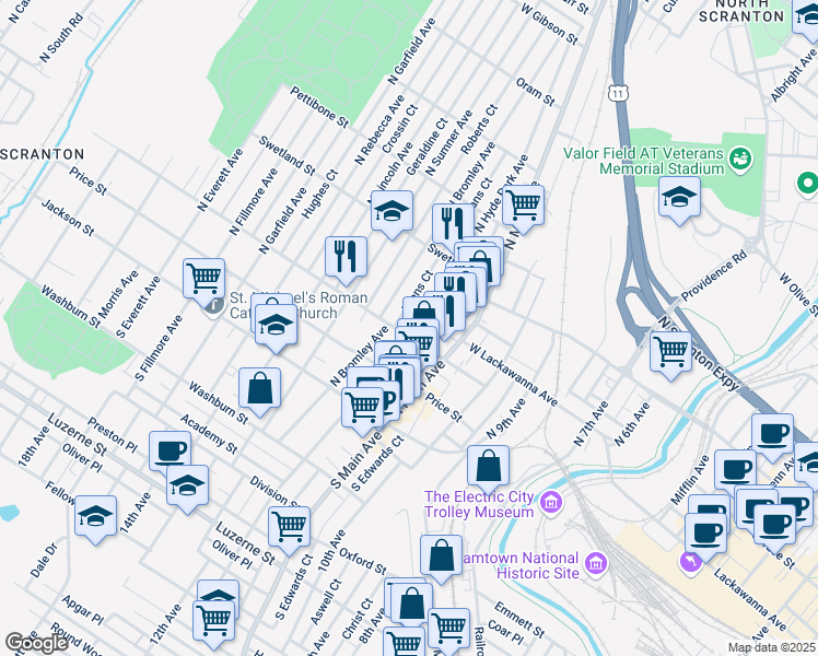 map of restaurants, bars, coffee shops, grocery stores, and more near 229 North Hyde Park Avenue in Scranton