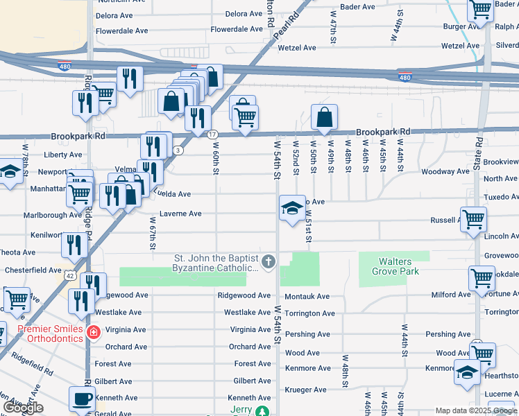 map of restaurants, bars, coffee shops, grocery stores, and more near 5615 Laverne Avenue in Parma
