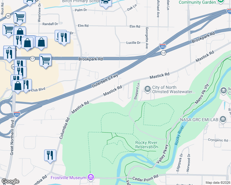 map of restaurants, bars, coffee shops, grocery stores, and more near 24061 Mastick Road in North Olmsted