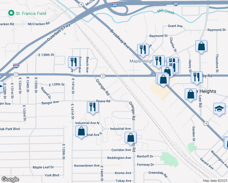 map of restaurants, bars, coffee shops, grocery stores, and more near 5346 Meadow Street in Maple Heights
