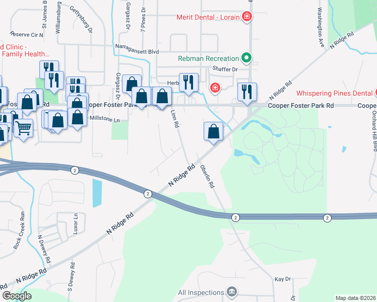 map of restaurants, bars, coffee shops, grocery stores, and more near 5565 Linn Road in Amherst