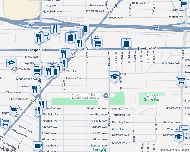 map of restaurants, bars, coffee shops, grocery stores, and more near 5615 Laverne Avenue in Parma