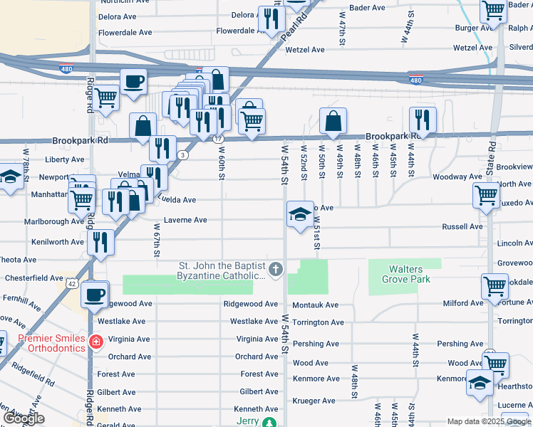 map of restaurants, bars, coffee shops, grocery stores, and more near 5615 Laverne Avenue in Parma