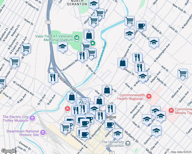 map of restaurants, bars, coffee shops, grocery stores, and more near 538 Gordon Avenue in Scranton