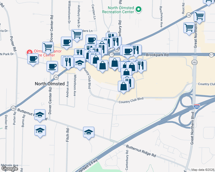 map of restaurants, bars, coffee shops, grocery stores, and more near 25420 Clubside Drive in North Olmsted