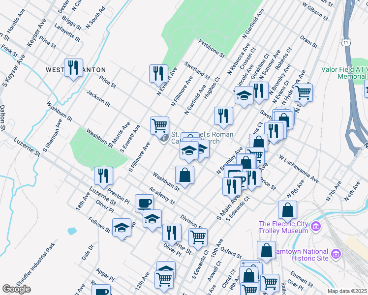map of restaurants, bars, coffee shops, grocery stores, and more near 114 North Rebecca Avenue in Scranton