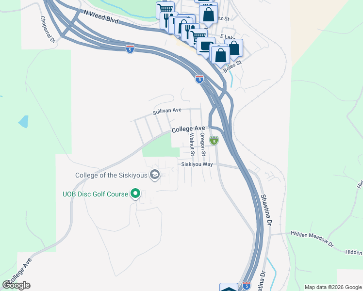 map of restaurants, bars, coffee shops, grocery stores, and more near 531 Walnut Street in Weed