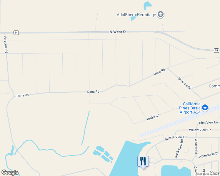 map of restaurants, bars, coffee shops, grocery stores, and more near Dana Road in California Pines