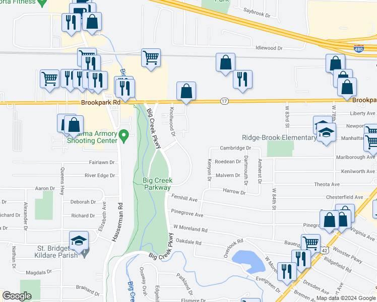 map of restaurants, bars, coffee shops, grocery stores, and more near 5321 Knollwood Drive in Parma