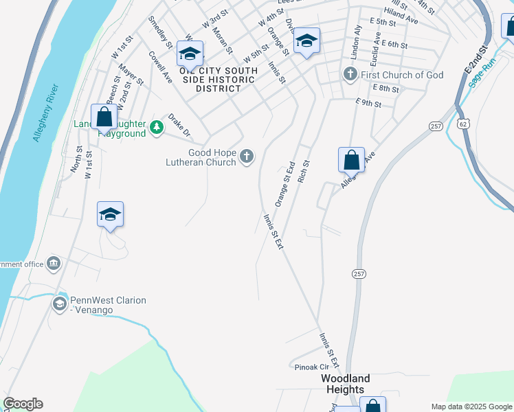 map of restaurants, bars, coffee shops, grocery stores, and more near 764 Innis Street in Oil City