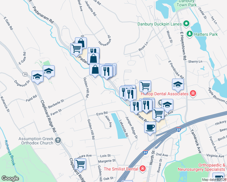 map of restaurants, bars, coffee shops, grocery stores, and more near 34 Padanaram Road in Danbury
