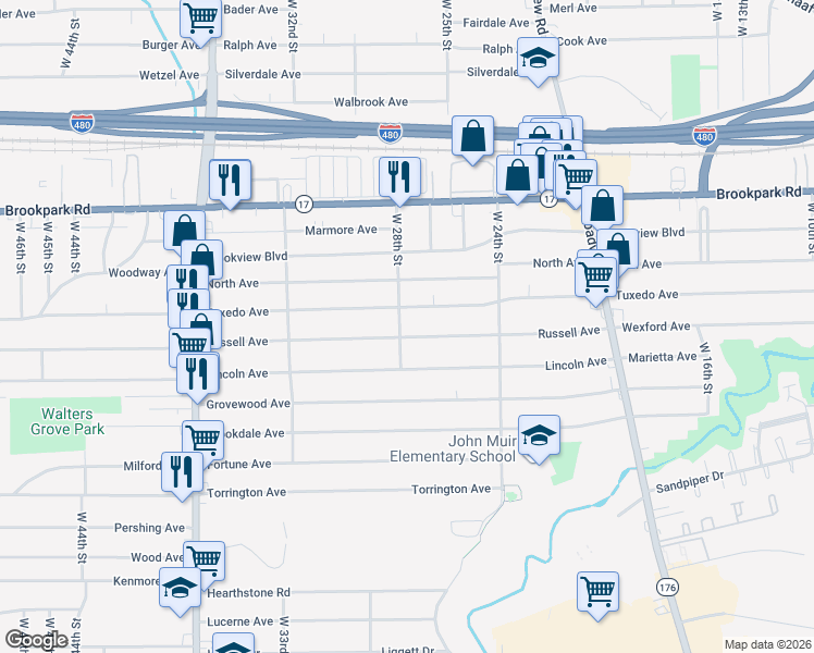 map of restaurants, bars, coffee shops, grocery stores, and more near 2713 Russell Avenue in Parma