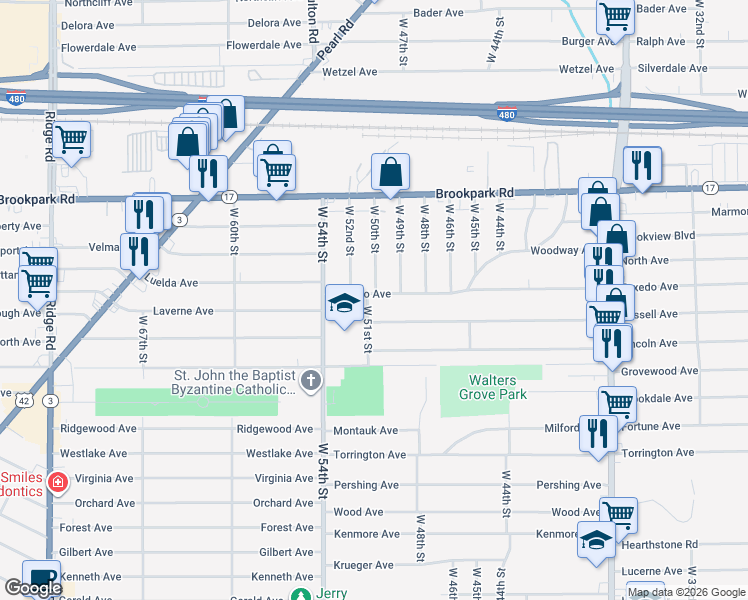 map of restaurants, bars, coffee shops, grocery stores, and more near 4914 Russell Avenue in Parma