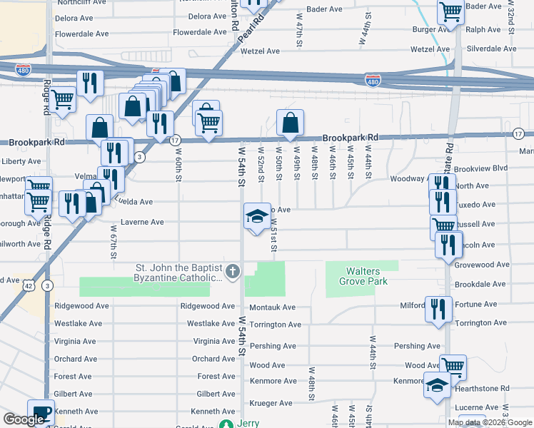 map of restaurants, bars, coffee shops, grocery stores, and more near 5201 Tuxedo Avenue in Parma