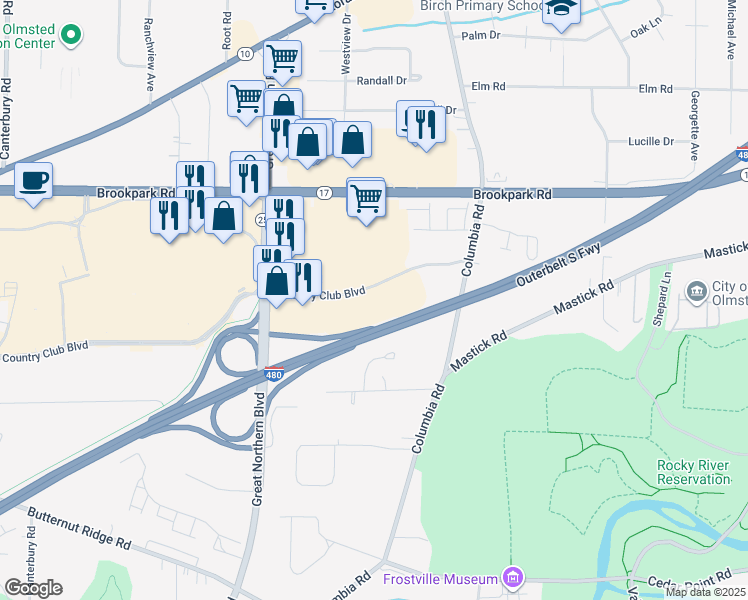 map of restaurants, bars, coffee shops, grocery stores, and more near 24851 Country Club Boulevard in North Olmsted