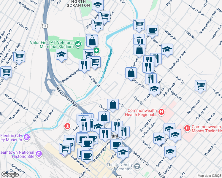 map of restaurants, bars, coffee shops, grocery stores, and more near 616 Barrett Court in Scranton