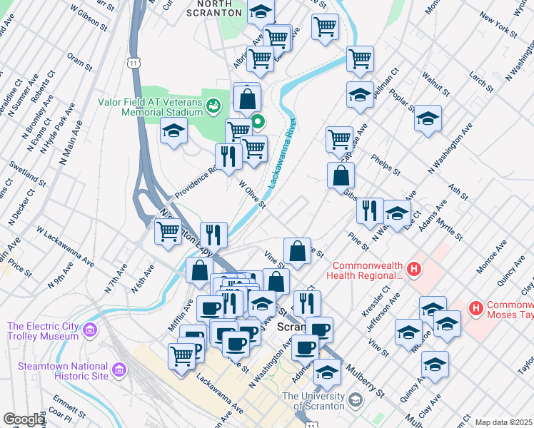 map of restaurants, bars, coffee shops, grocery stores, and more near 538 Gordon Avenue in Scranton