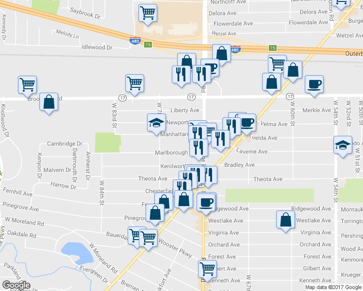 map of restaurants, bars, coffee shops, grocery stores, and more near 7516 Marlborough Avenue in Parma