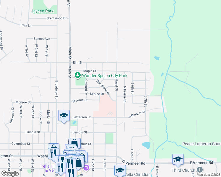 map of restaurants, bars, coffee shops, grocery stores, and more near 1317 Hazel Street in Pella