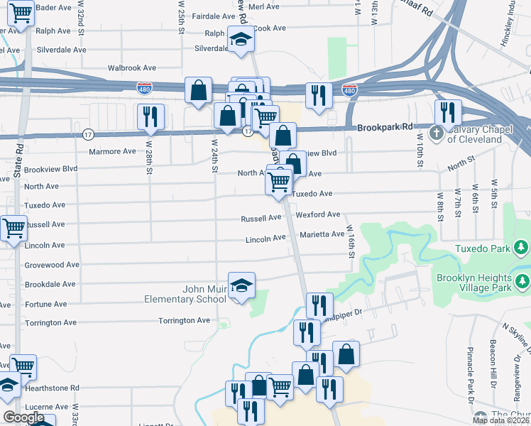 map of restaurants, bars, coffee shops, grocery stores, and more near 2114 Russell Avenue in Parma
